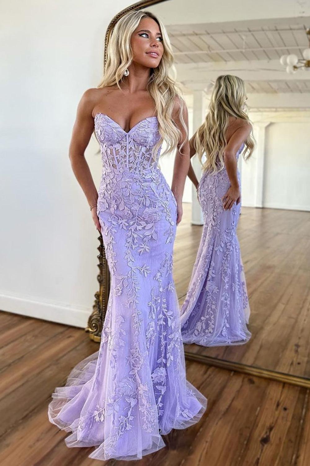 Lilac Prom Dress Corset Sweetheart Lace Mermaid Evening Formal Gown
