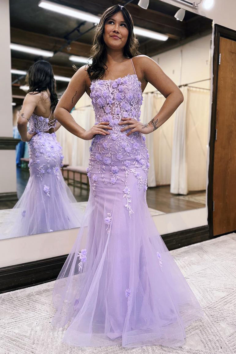 Lilac Prom Dress Mermaid Scoop Neck with Appliques Evening Dress