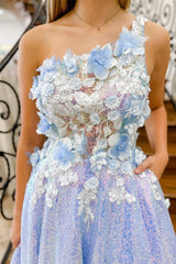 Lilac Prom Dress One Shoulder 3D Flowers Sequin Long Evening Dress