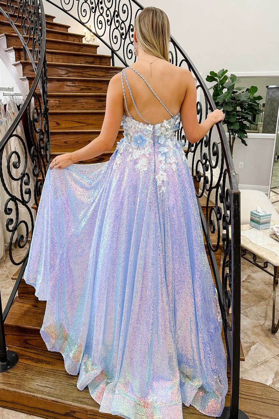 Lilac Prom Dress One Shoulder 3D Flowers Sequin Long Evening Dress