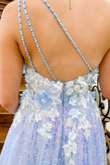 Lilac Prom Dress One Shoulder 3D Flowers Sequin Long Evening Dress