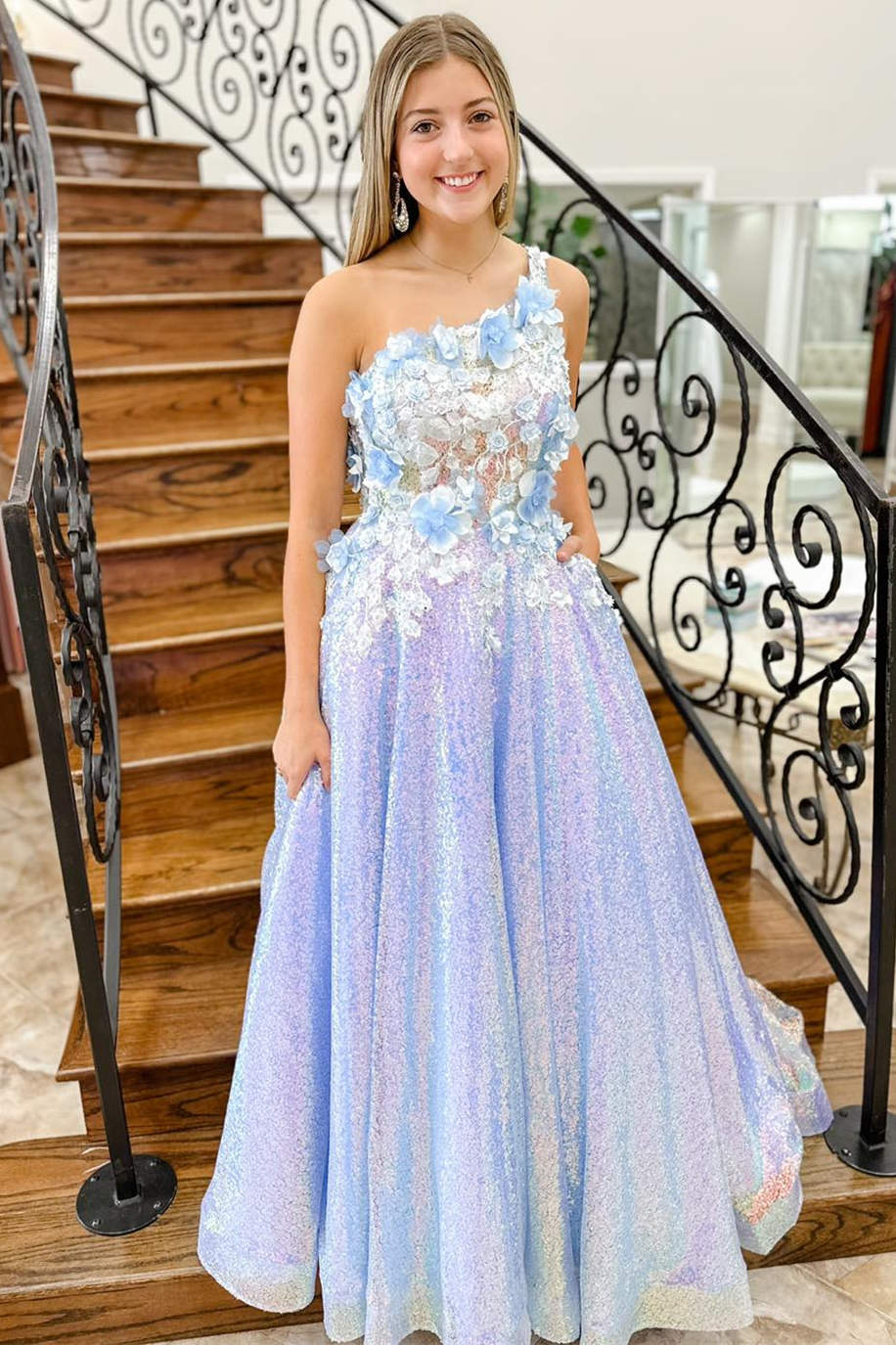 Lilac Prom Dress One Shoulder 3D Flowers Sequin Long Evening Dress