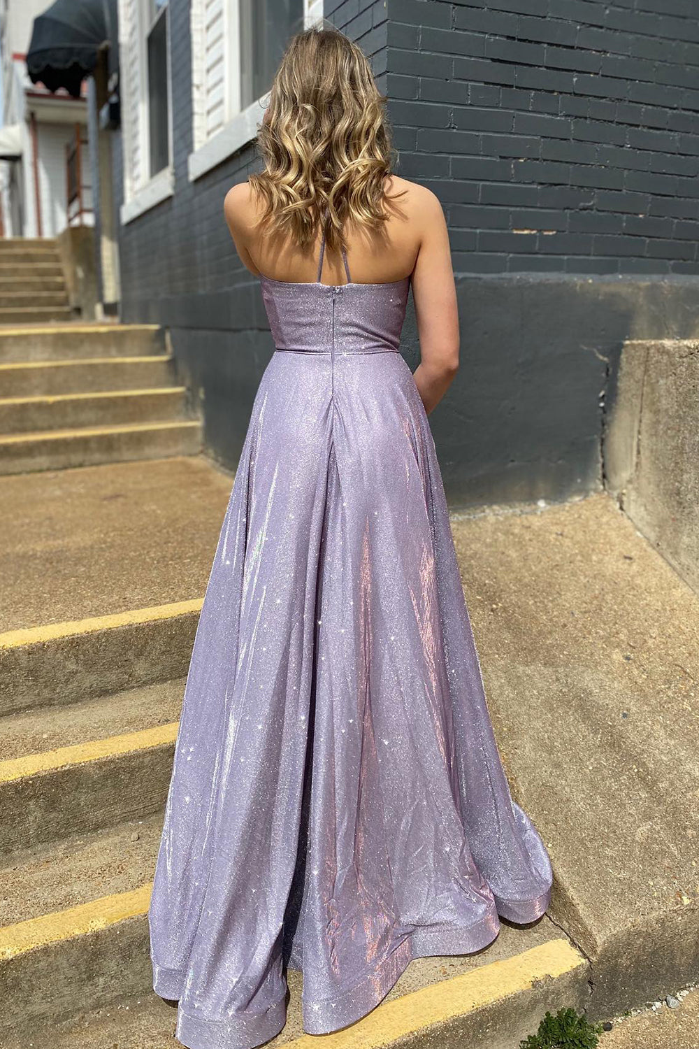 Lilac Prom Dress Spaghetti Straps Long Evening Dress with Pockets