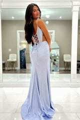 Lilac Prom Dress Spaghetti Straps Mermaid Long Evening Dress with Slit