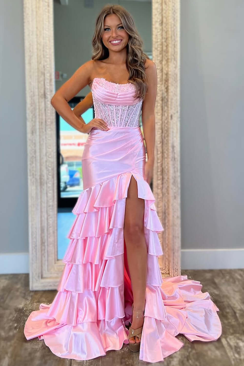 Lilac Prom Dress Tiered Mermaid Long Corset Formal Dress With Slit