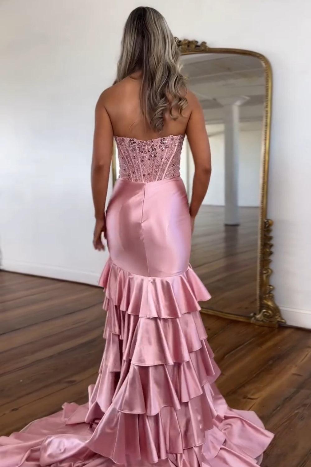 Lilac Prom Dress Tiered Mermaid Long Corset Formal Dress With Slit
