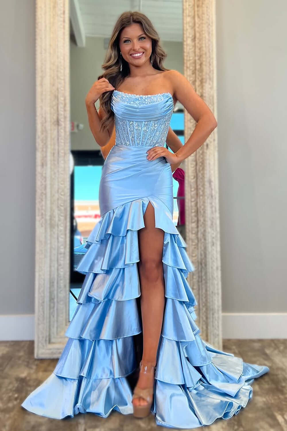 Lilac Prom Dress Tiered Mermaid Long Corset Formal Dress With Slit