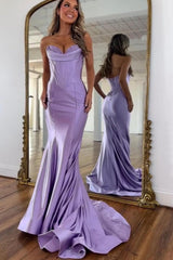 Lilac Satin Strapless Mermaid Prom Dress With Structured Corset Bodice Formal Evening Gown