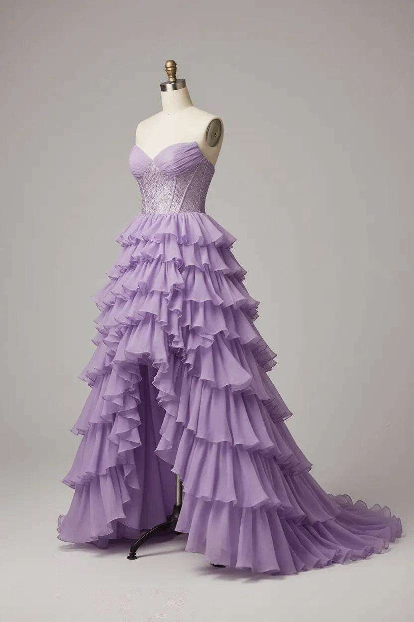 Lilac Strapless Prom Dress Chiffon Beaded A Line Tiered Formal Dress