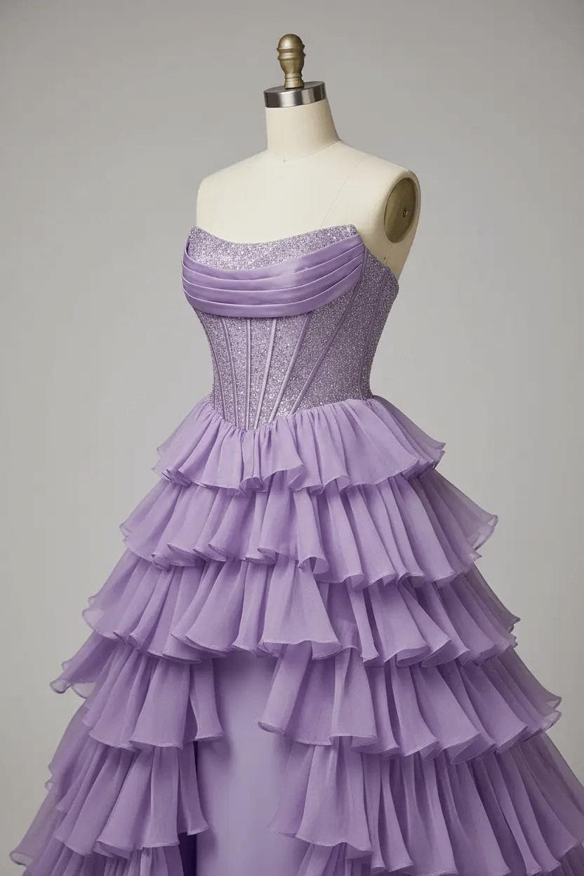 Lilac Strapless Prom Dress Chiffon Beaded A Line Tiered Formal Dress