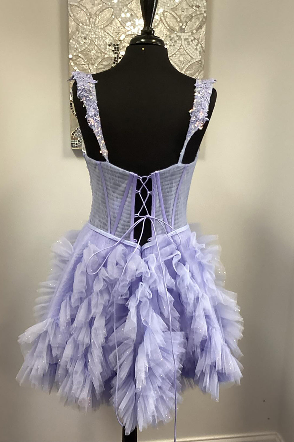 Lilac Tulle Ruffled Homecoming Dresses Appliqued Short Corset Cocktail Dresses