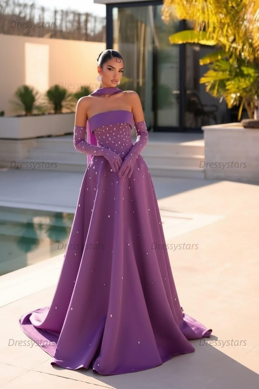 Strapless Formal Dress Light Blue Beaded A Line Prom Evening Dress