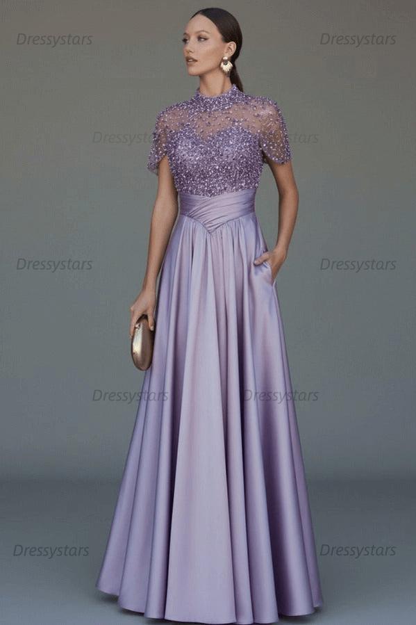 Green A Line Prom Dress Short Sleeve High Neck Formal Dress With Beadings and Rhinestones