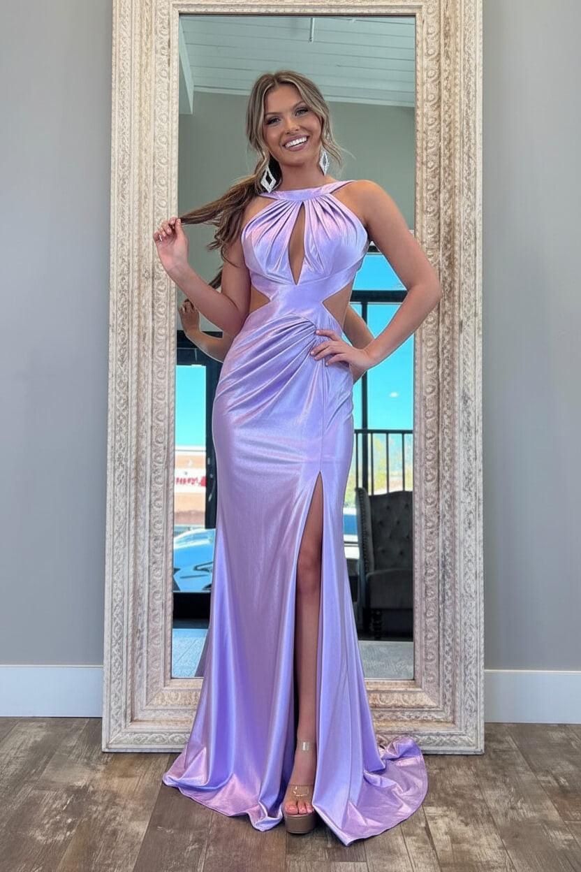 Fuchsia Metallic Mermaid Prom Dress With Slit And Open Back Formal Evening Gown