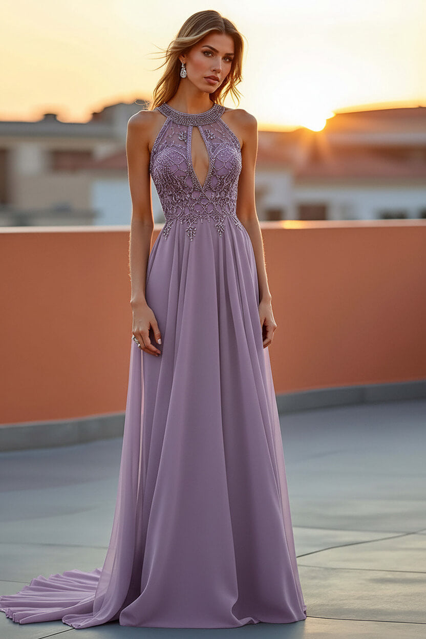 Dressystars Beaded Navy Wedding Guest Dress Halter Long Formal Dress With Embroideries