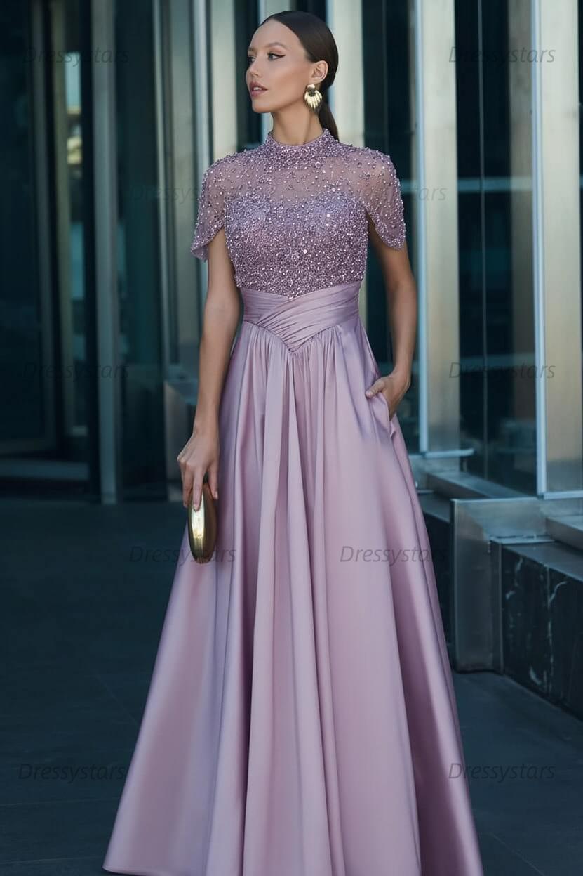 Green A Line Prom Dress Short Sleeve High Neck Formal Dress With Beadings and Rhinestones