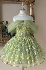 Lime Green Off-Shoulder Corset Homecoming Dress with Floral Vine Embroidery
