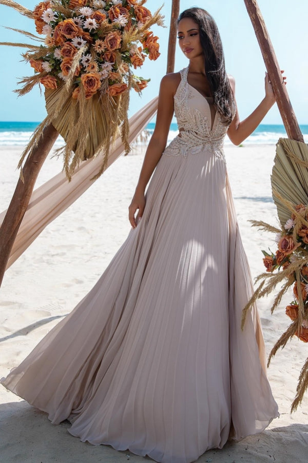Long A Line V Neck Wedding Dress Lace Beading Sleeveless Beach Bridal Gown