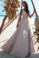 Long A Line V Neck Wedding Dress Lace Beading Sleeveless Beach Bridal Gown