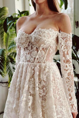 Long A Line Wedding Dress Off The Shoulder Lace Beading Bridal Gown With Long Sleeves