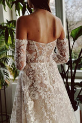 Long A Line Wedding Dress Off The Shoulder Lace Beading Bridal Gown With Long Sleeves