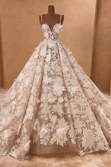 Long A Line Wedding Dress Spaghetti Straps Lace Appliques Sleeveless Bridal Gown