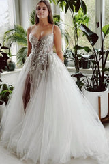 Long A Line Wedding Dress Spaghetti Straps Tulle Lace Bridal Gown With Slit