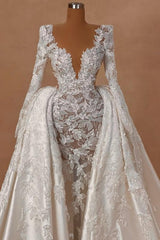 Long A Line Wedding Dress V Neck Lace Satin Long Sleeves Bridal Gown With Detachable Train