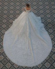 Long Ball Gown Satin Off the Shoulder Backless Wedding Dress with Crystal and Sequins