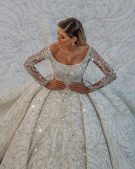 Long Ball Gown Satin Off the Shoulder Backless Wedding Dress with Crystal and Sequins