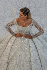 Long Ball Gown Satin Off the Shoulder Backless Wedding Dress with Crystal and Sequins