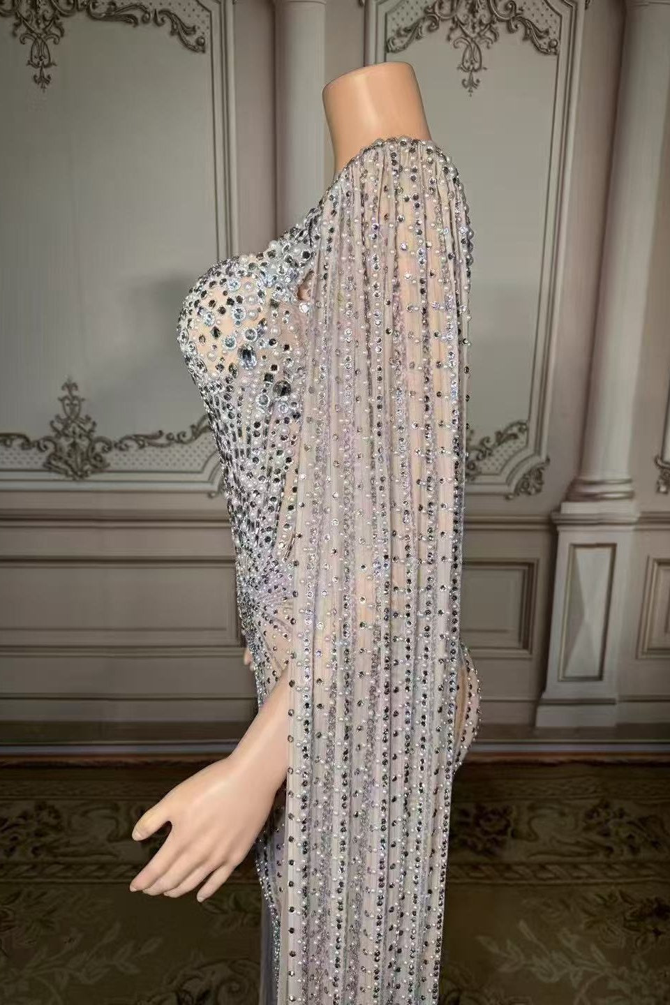 Long Beaded Mermaid Prom Dress Wateau Sleeves Formal Evening Dress