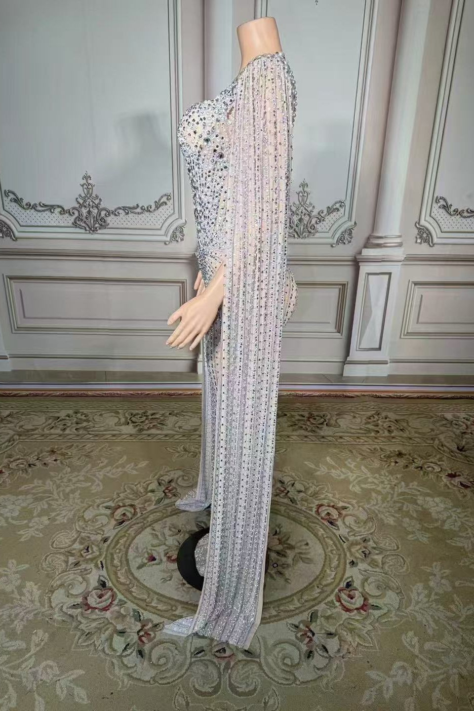 Long Beaded Mermaid Prom Dress Wateau Sleeves Formal Evening Dress