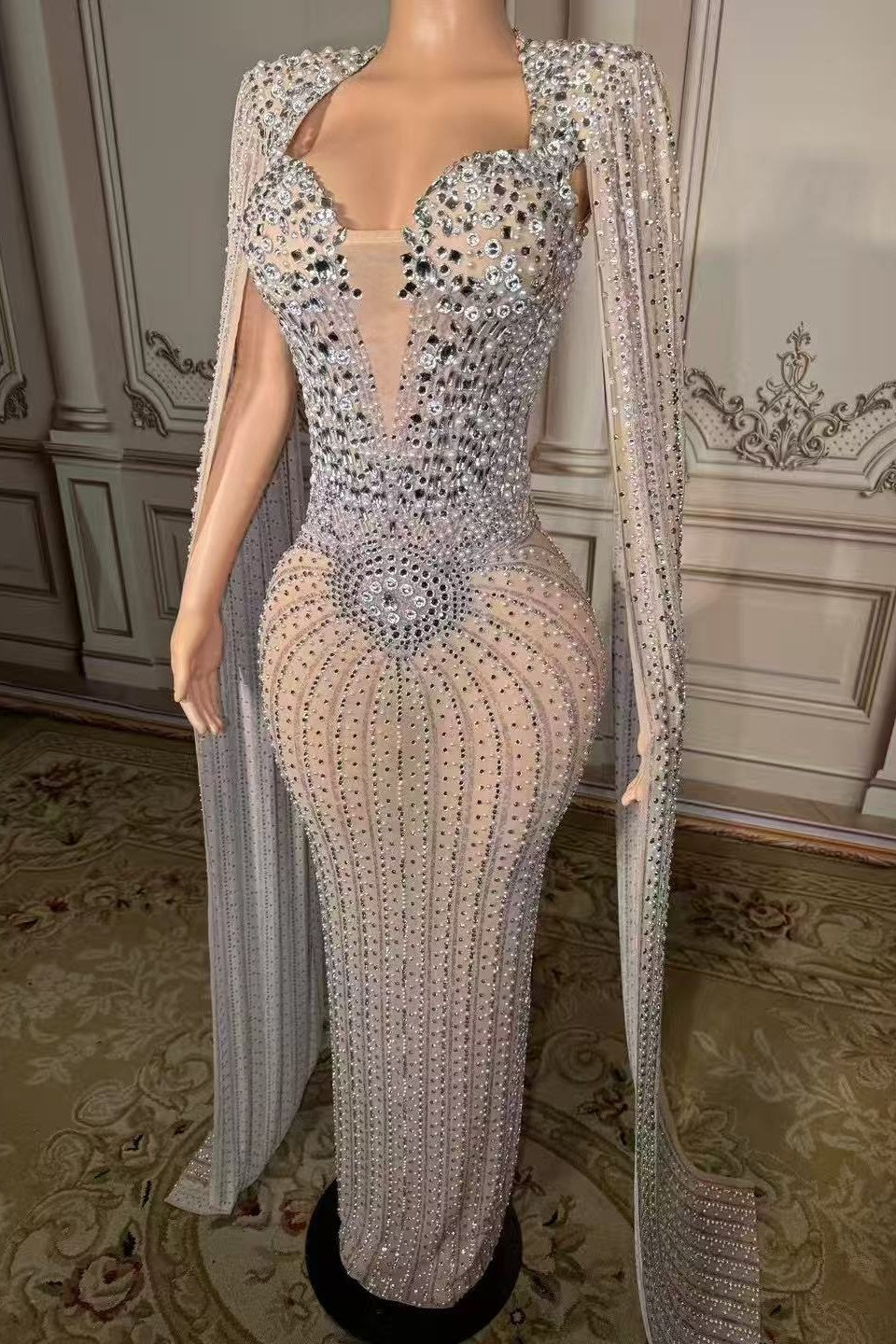 Long Beaded Mermaid Prom Dress Wateau Sleeves Formal Evening Dress