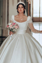 Long Ivory A Line Square Neck Satin Glitter Bridal Gown With Long Sleeves