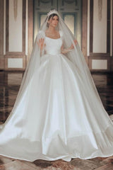 Long Ivory A Line Square Neck Satin Glitter Bridal Gown With Long Sleeves