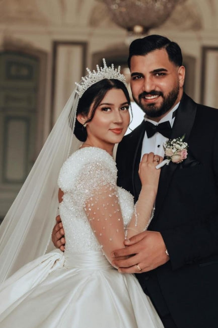 Long Ivory A Line Square Neck Satin Glitter Bridal Gown With Long Sleeves