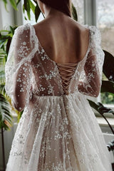 Long Ivory A Line Wedding Dress Sleeves Lace Bridal Gown With Slit