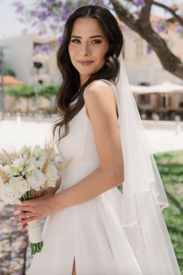 Long Ivory A Line Wedding Dress Straps Tulle Sleeveless Bridal Gown With Slit