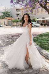 Long Ivory A Line Wedding Dress Straps Tulle Sleeveless Bridal Gown With Slit