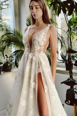 Long Ivory V Neck Wedding Dress A Line Split Front Sleeveless Bridal Gown With Lace