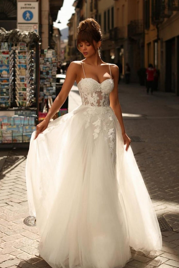 Long Ivory Wedding Dress A Line Spaghetti Straps Lace Tulle Bridal Gown