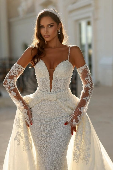 Long Ivory Wedding Dress Mermaid Spaghetti Straps V Neck Lace Bridal Gown With Detachable Train