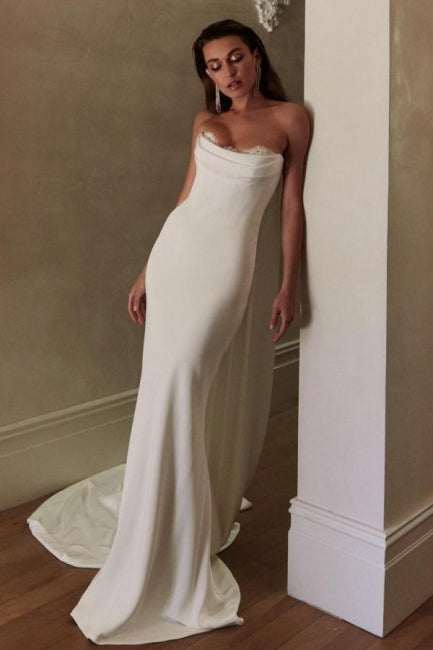 Long Ivory Wedding Dress Mermaid Strapless Satin Bridal Gown With Lace