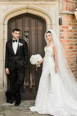 Long Ivory Wedding Dress Sleeveless Lace Bridal Gown With Detachable Train