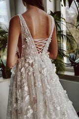 Long Ivory Wedding Dress V Neck A Line Lace Bridal Gown With Glitter