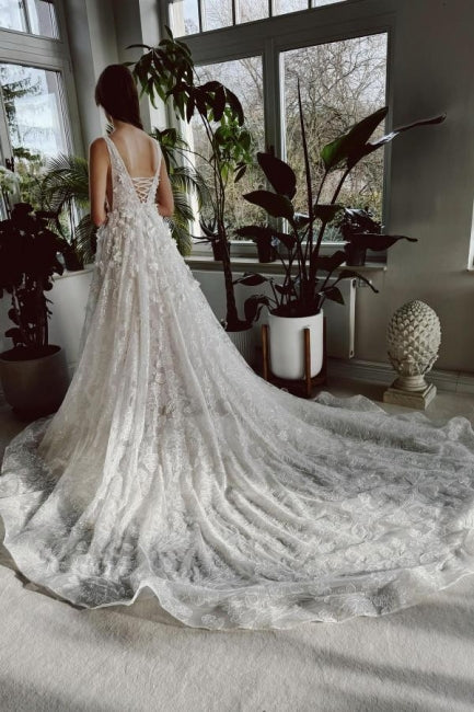 Long Ivory Wedding Dress V Neck A Line Lace Bridal Gown With Glitter