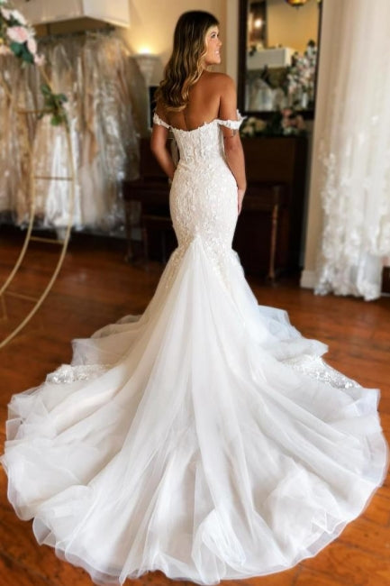 Long Mermaid Wedding Dress Off The Shoulder Lace Sleeveless Bridal Gown With Train
