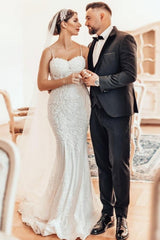 Long Mermaid Wedding Dress Spaghetti Straps Lace Sleeveless Bridal Gown