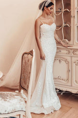 Long Mermaid Wedding Dress Spaghetti Straps Lace Sleeveless Bridal Gown